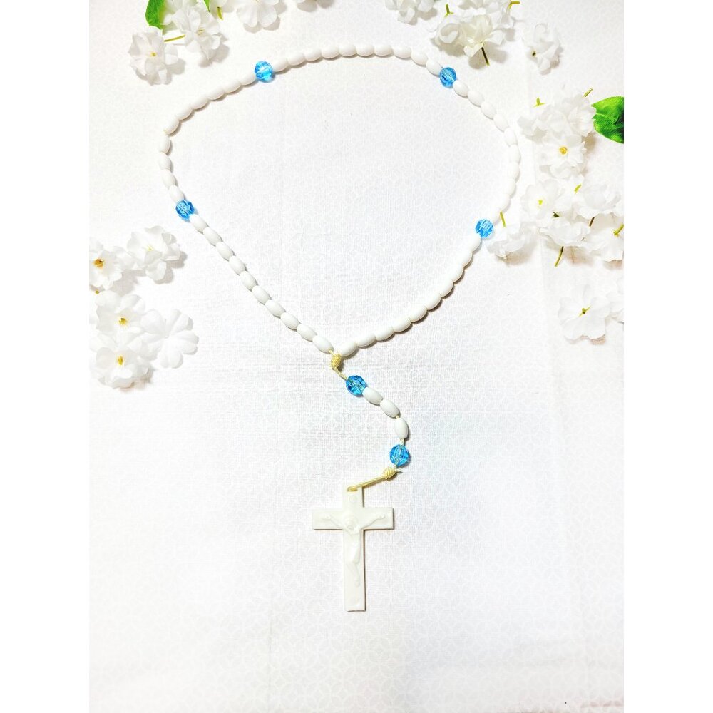 White & Blue Beaded Catholic Praying Rosary Beads Holy Religious Prayer